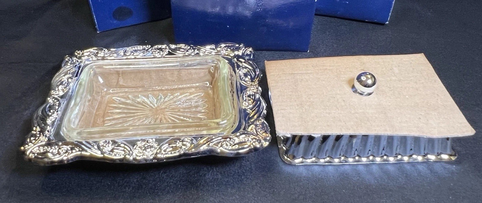 NOS Vintage Silver Plate Butter Dish Ornate with Glass Insert 4.75” Unique Size