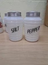 Hazel Atlas Milk Glass Beehive Salt & Pepper Range Shakers W/ Black Script