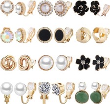 NEWITIN 12 Pairs Clip On Earrings for Women Cute Earring Crystal Pearl Stud Char