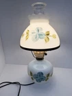 Vintage Milk Glass Hurricane Table Lamp Hand Painted Blue Flowers 16.5” Works