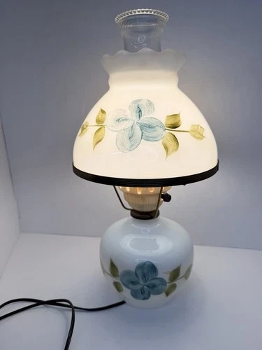 Vintage Milk Glass Hurricane Table Lamp Hand Painted Blue Flowers 16.5” Works