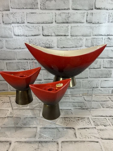 RARE VTG Royal Haeger Pottery Red Three Piece Console Bowl & Candleholder Set