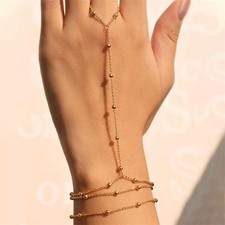 Gold Tone Hand Chain Bracelet Ring Link Chain Boho Fashion Jewelry for Women