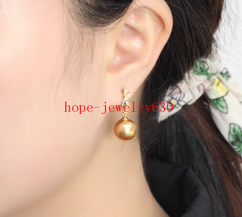 Real 18k Yellow Gold AAAA+ 11-12mm Natural gold South Sea Round Pearl Earrings - Picture 2 of 8