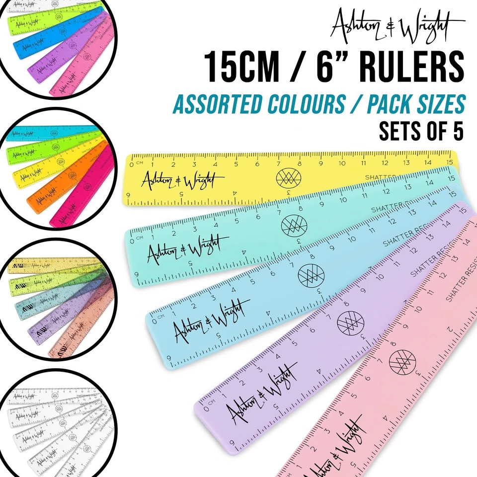 ASHTON AND WRIGHT AW Plastic Rulers - 6 Inch / 15cm - Shatter Resistant - Assorted Colours / Packs