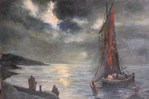 Ancienne huile sur papier, marine au claire de lune, dim 24.5 x 15.7 cm - Imagen 8 de 10