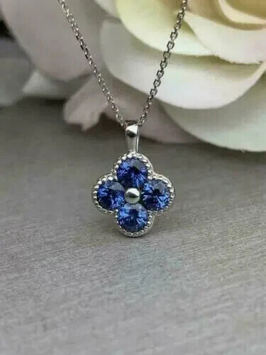 1.20Ct Round Blue Sapphire Clover Pendant Necklace in 14K White Gold