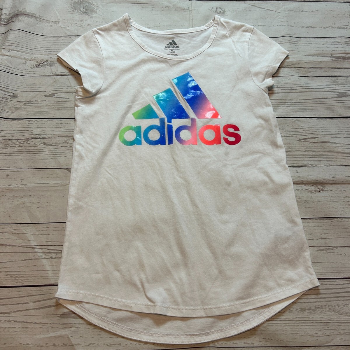 Adidas Short Sleeve White Cotton Tee Shirt With Rainbow Logo Girls