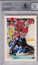 BECKETT 10 1992-93 BOWMAN ED BELFOUR "HOF 2011" SIGNED BLACKHAWK CARD #90 038428