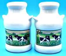 Milk Can Holstein Cows Salt & Pepper Shaker Set Vintage ArtMark with Stoppers