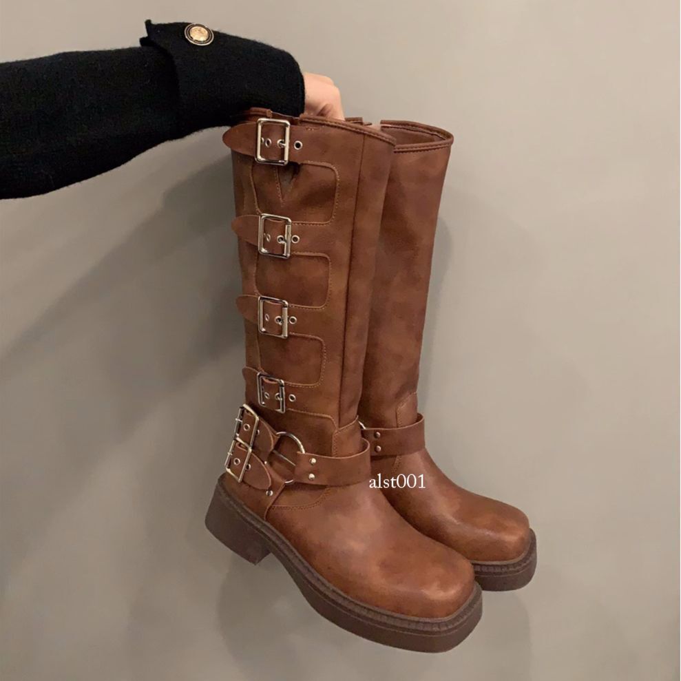 Punk Motorcycle Women Buckle Mid Block Heel Knee High Boots Lace