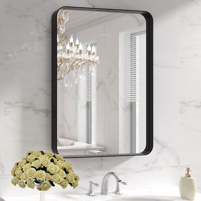 Black Metal Frame Bathroom Wall Mirror, 22X30  Rounded Corner Rectangular Mirror