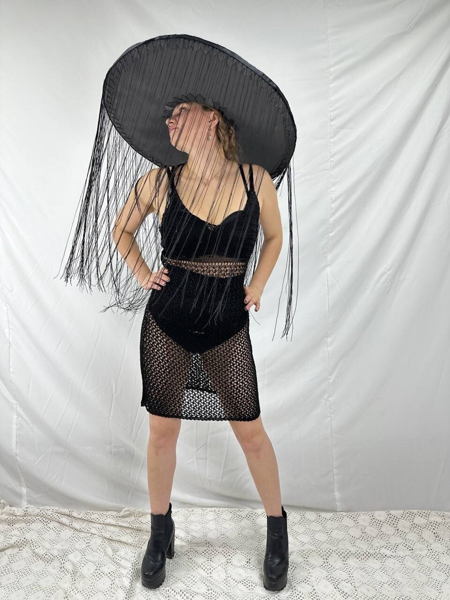 Black Beaded Fringe Wide-Brim Hat - Women\'s Fashion Accessory Floor Length Black Fringed Hat With Wide Brim Women main image 3