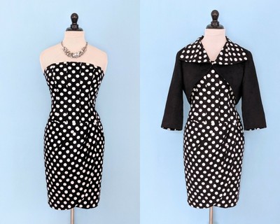 Vintage 80s Strapless Polka Dot Dress With Matching Jacket Black