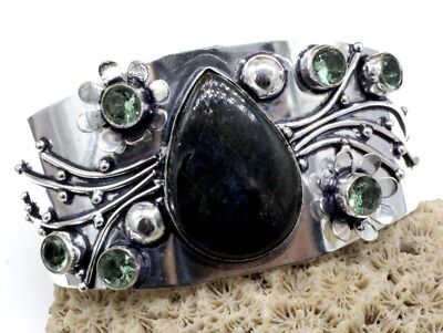 925 Sterling Silver Labradorite & Amethyst Gemstone Jewelry Cuff Bracelet S-ADJ