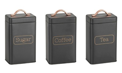 black and rose gold tea and coffee canisters