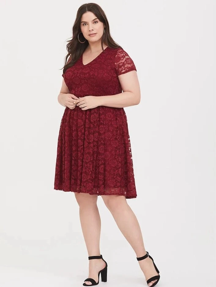 Torrid Burgundy Red Lace Skater Fit Flare Open Back Cocktail Dress Size 14