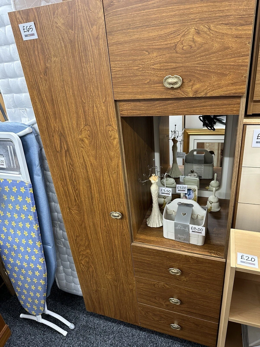 Vintage Combination Wardrobe Teak Effect Drawers Mirror Hanging