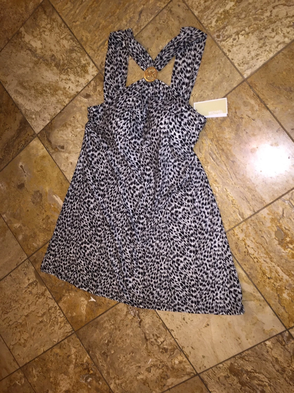 Costume da bagno copricostume Michael Kors Charm nero stampa ghepardo vestito donna nuovo con etichetta