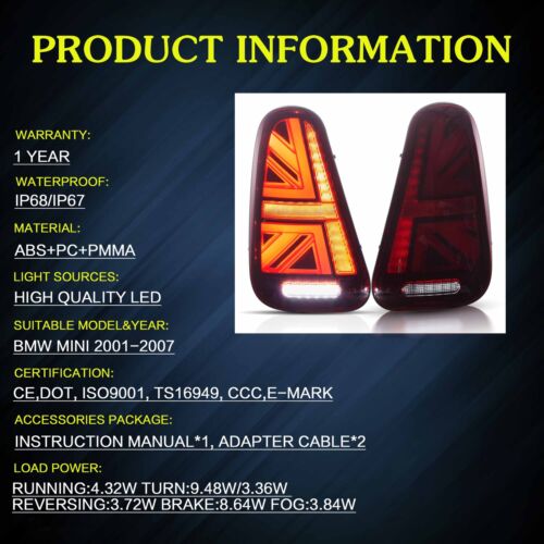 VLAND LED Rückleuchten Rot für 2001-07 BMW Mini Cooper R50 R52 R53 sequentiellen - Bild 5 von 8