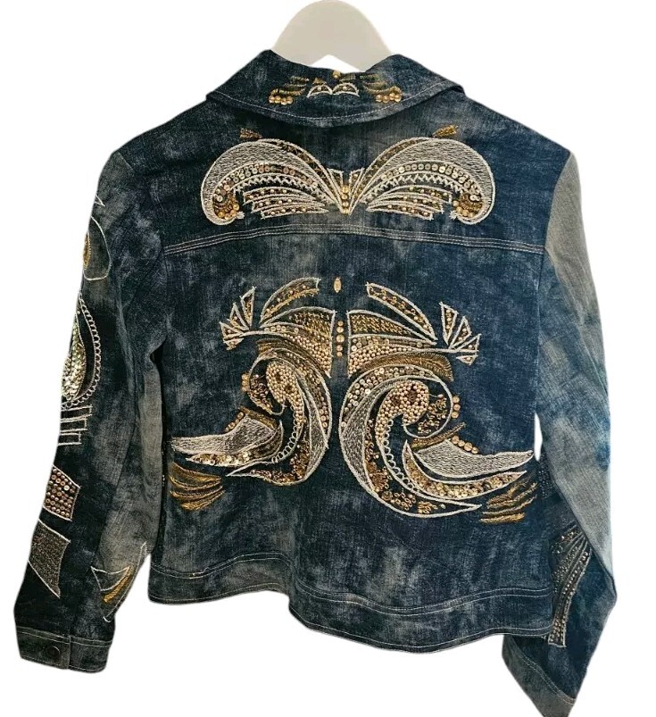 Chico's 0 Blue Acid Wash Denim Embroidered Jean Jacket Gold Beaded