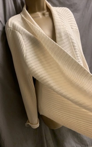 Cream Merino Wool Mix Ribbed Knit L - XL Ribbed Open Long Sleeved Cardigan Top - Picture 11 of 18