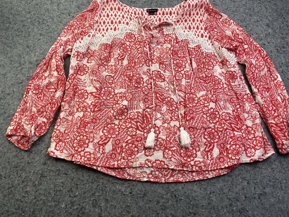Blusa Campesina Boho Floral New Directions Rojo Blanco Borla Encaje Ribete L Foto 2 de 4