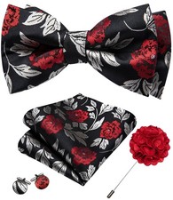 Mens Bow Tie Set Black Red Pre-tied Bowties Adjustable with Handkerchief Cuff...