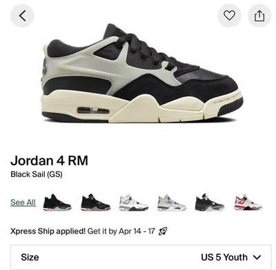 Jordan Air Jordan 4 RM GS Sneaker Black Sail US 5Y EU 37.5 Youth Mesh Leather