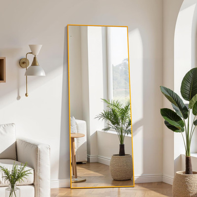 59''X16'' Full Length Mirror with Stand, Aluminum Frame Mirrors, Free Standing Lea