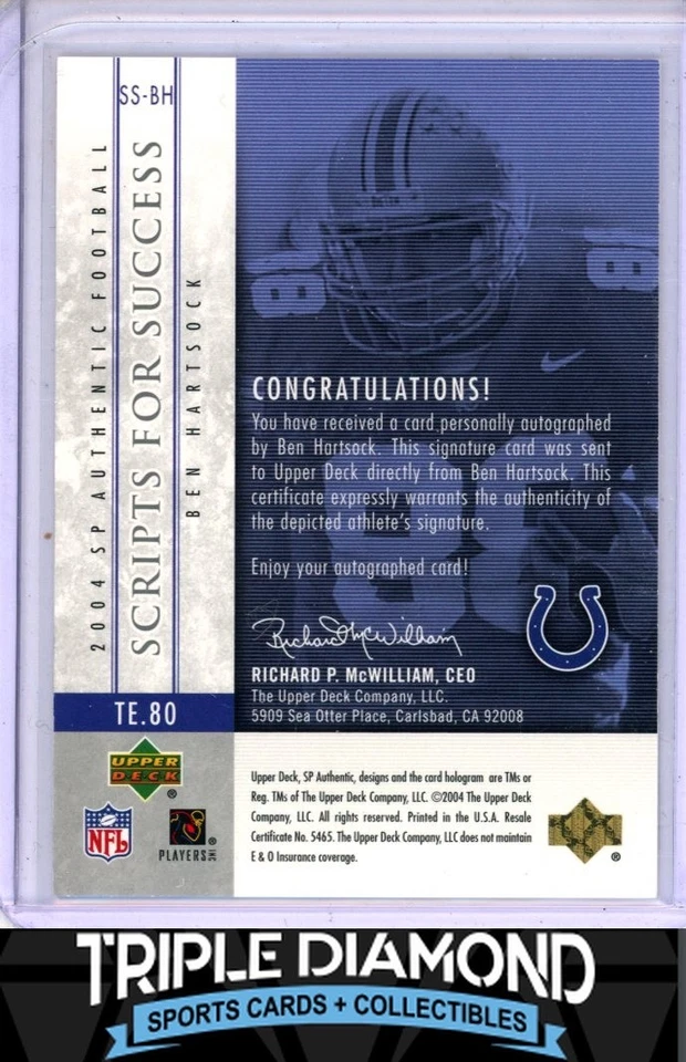 2004 SP Authentic Ben Hartsock Scripts For Success Rookie Auto Colts J674 - Image 2 of 2