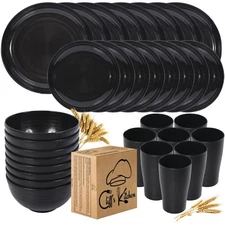 32 Pcs Wheat Straw Dinnerware Sets-Black Dinnerware Sets For 8- Unbreakable O...