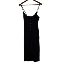 ZARA Ribbed Button Bodycon Midi Dress Strappy Stretch Slim Round Neck M Black