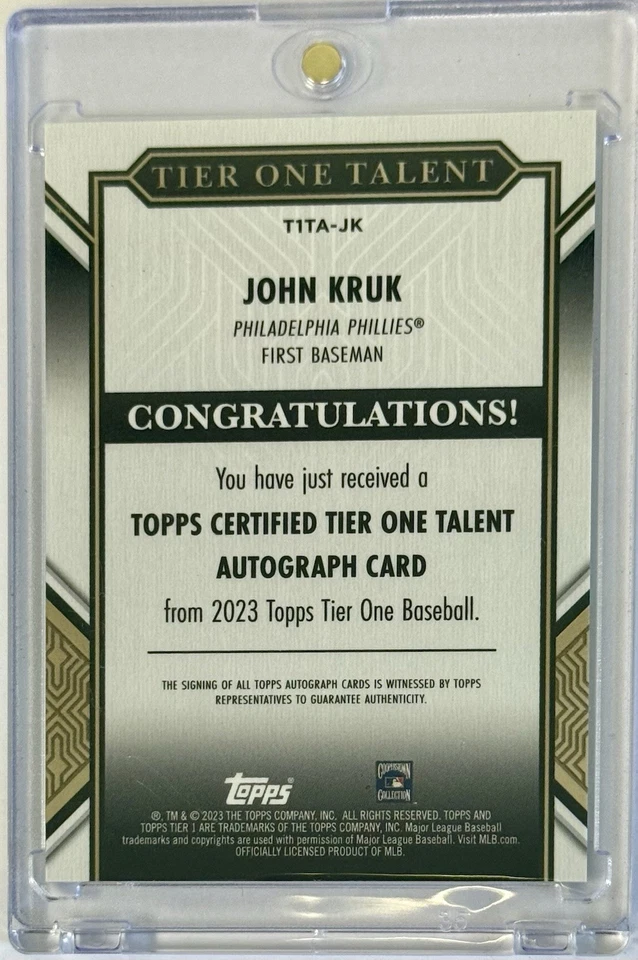 2023 Topps Tier One JOHN J. KRUK Phillies Tier 1 Talent Gold Foil Auto SP /249 - Image 3 of 3