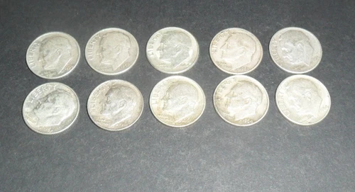 10 Roosevelt Dimes.  90% Silver.
