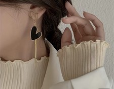 Gold Heart Drop Earrings with Black Enamel He...