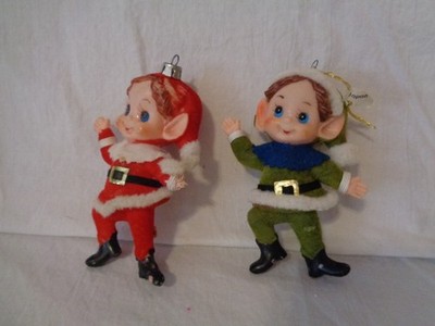 2 VINTAGE CHRISTMAS ELF BLOW MOLD ORNAMENT FLOCKED PLASTIC GREEN RED PIXIE JAPAN