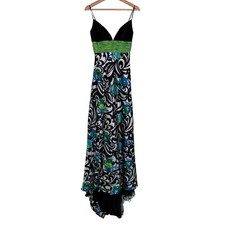 VTG Jovani Floral Swirl Print Maxi Gown 2 Black Green Y2K Prom Maximalist Gala