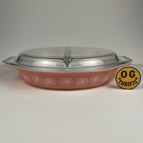 Vintage MCM Pyrex Pink Daisy Divided Casserole Dish w/ Lid 945C
