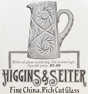 Cut Glass 3-pint Starburst Water Pitcher Jug HIGGINS & SEITER Vtg 1906 Print Ad