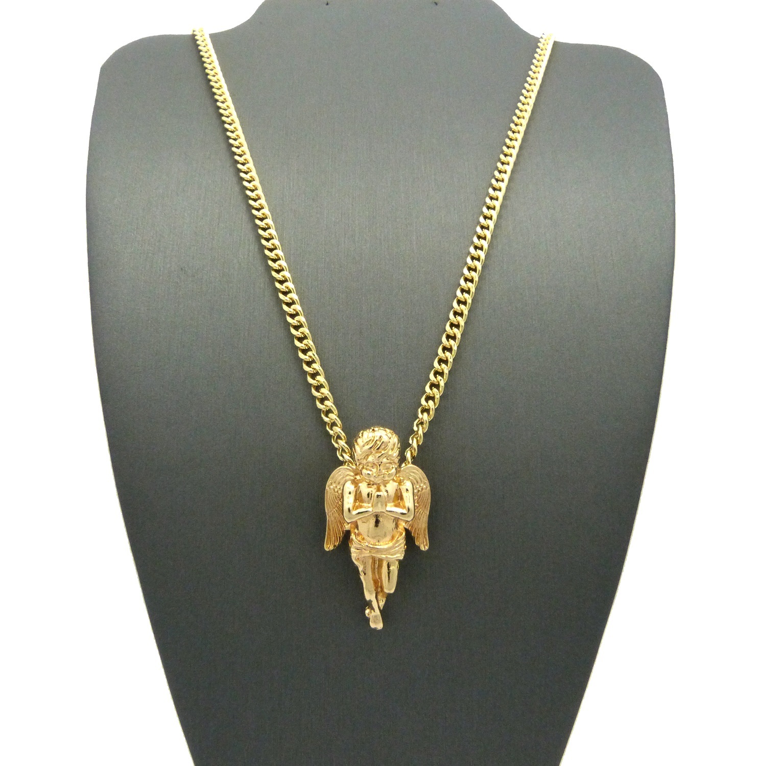 Hip Hop Micro Praying Cherub Angel Pendant 3.5mm 30" Cuban Chain Necklace RC877