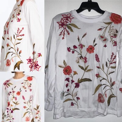 Johnny Was Flore Long Sleeve Tee White/Multicolor Embroidered Flowers Sz S/M