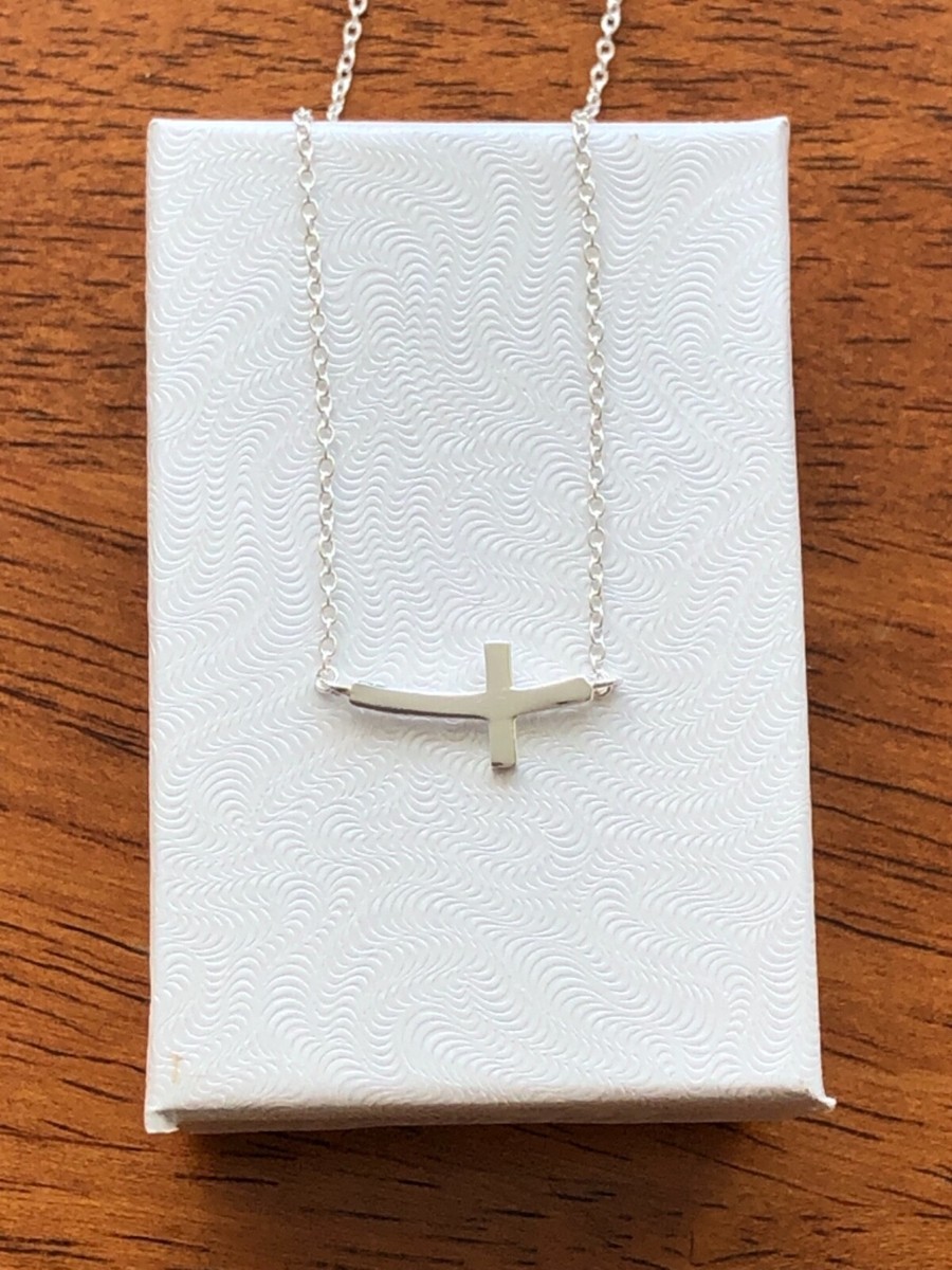 925 Sterling Silver Sideways Curved Plain Cross Pendant Necklace