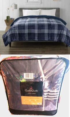 Cuddl Duds Cozy Soft Navy Blue/White Plaid Comforter Fleece REVERSIBLE KING NEW