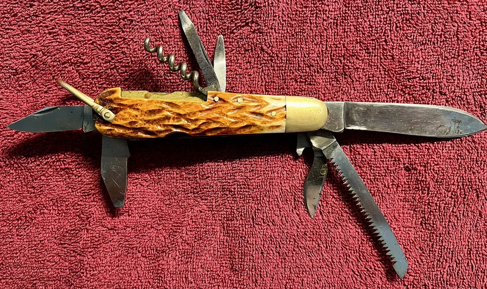 Rare AMEIKI Sportsman Folding Knife with 8 Blades, Stag Horn Handle, Pre-1900 - Image 4 of 4