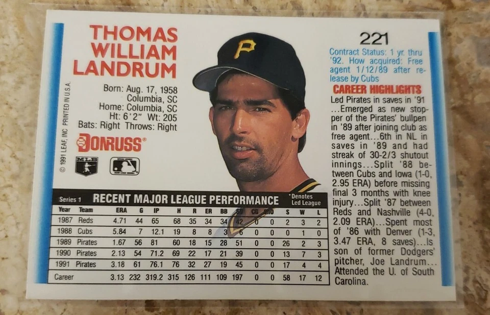 1992 donruss baseball error card Bill Landrum - Image 2 of 3
