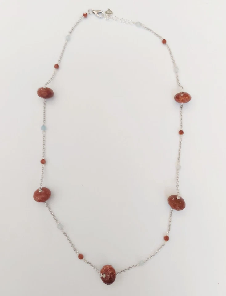 collana in argento 925 con pietra di luna e acquamarina sfaccettata lunga 45 cm  - Immagine 3 di 4