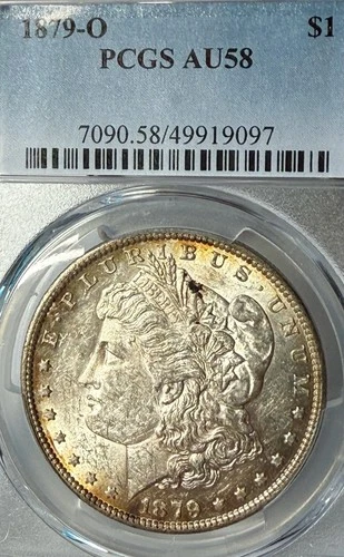 1879-O AU58 Red/Rust/Gold Toning PCGS New Orleans Mint Morgan Silver Dollar