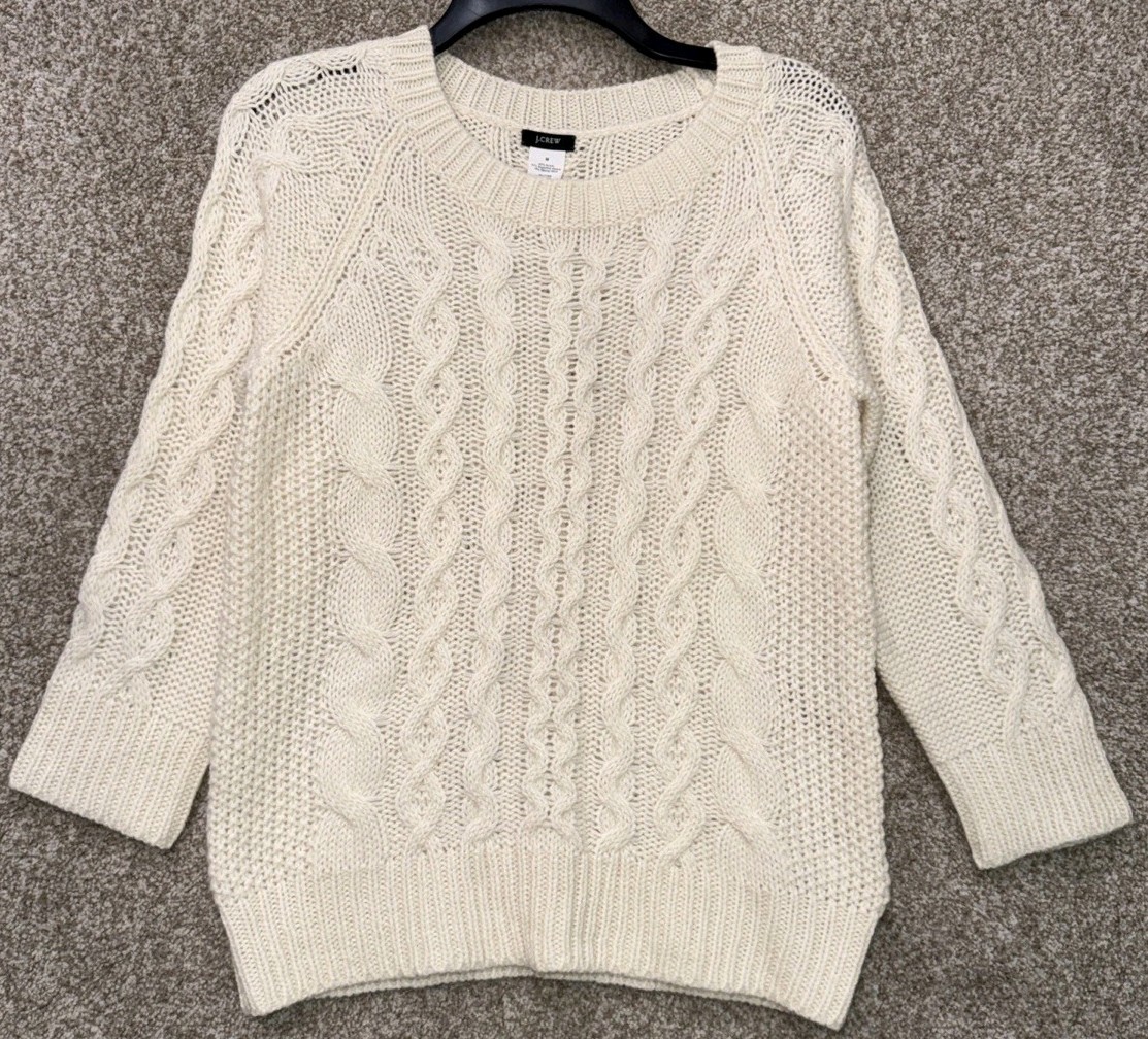 J Crew Sweater Womens Size Medium Ivory Wool Alpaca Cable Knit Crewneck Pullover