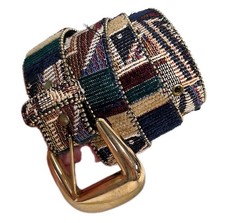 Vintage 90s Belt Colorblock Tapestry Southwestern Boho Beaded Edge 36 in Sz M